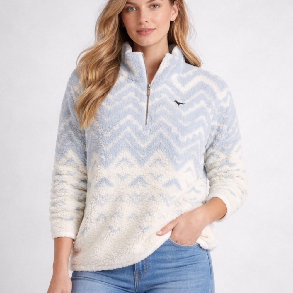 PINK Sherpa Quarter-Zip Pullover Sweater Women’s Size L Blue White